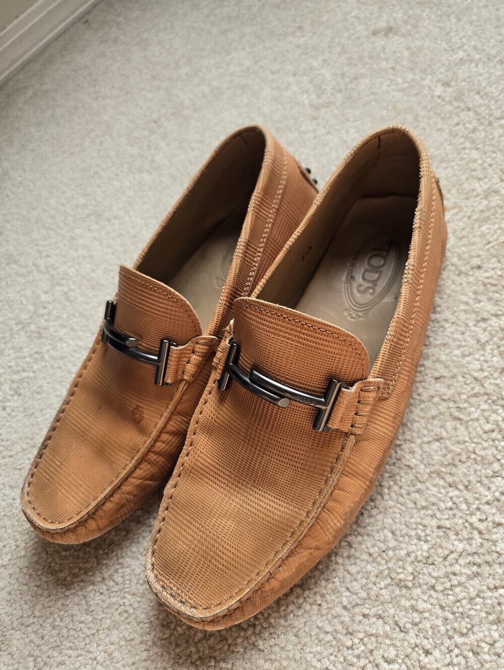 Tod's Gommino Double T-Logo Loafers Textured Tan Leather Mens Size 7.5A